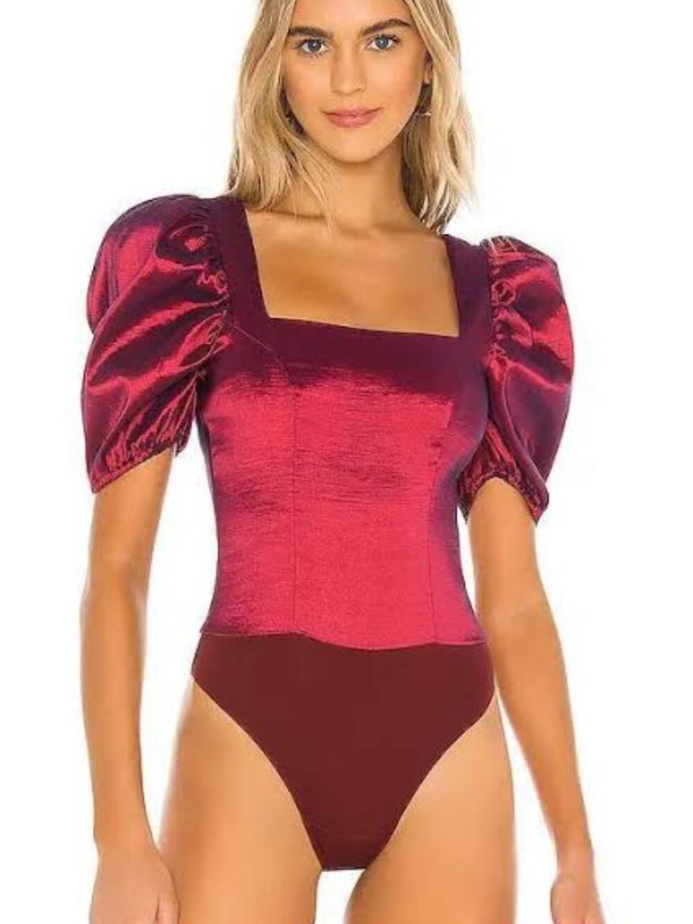 Majorelle Cruz Burgundy Puff Sleeve Shimmer Bodysuit Size M